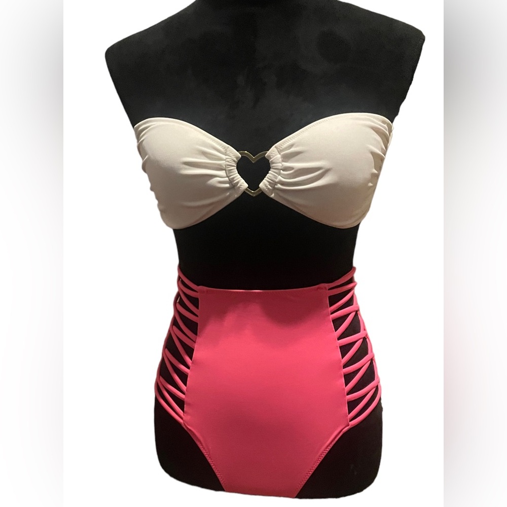 Victoria’s Secret Two Piece Bikini Swimsuit, white & melon pink, size Medium